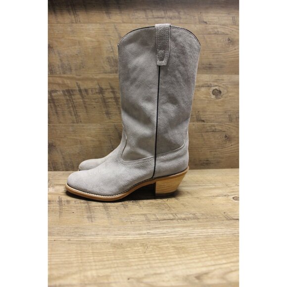 Wolverine women's vintage pale gray suede mid calf stacked heel Western boots - Picture 2 of 16